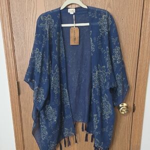 NATURAL LIFE Blue Floral Kimono with Tassels